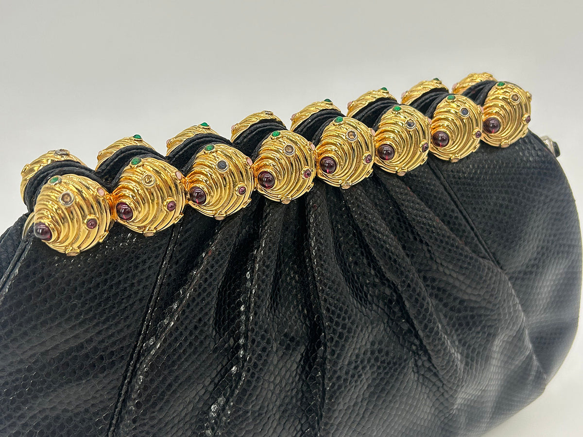 Vintage Judith Leiber Black Lizard Gold Gemstone Top Clutch 