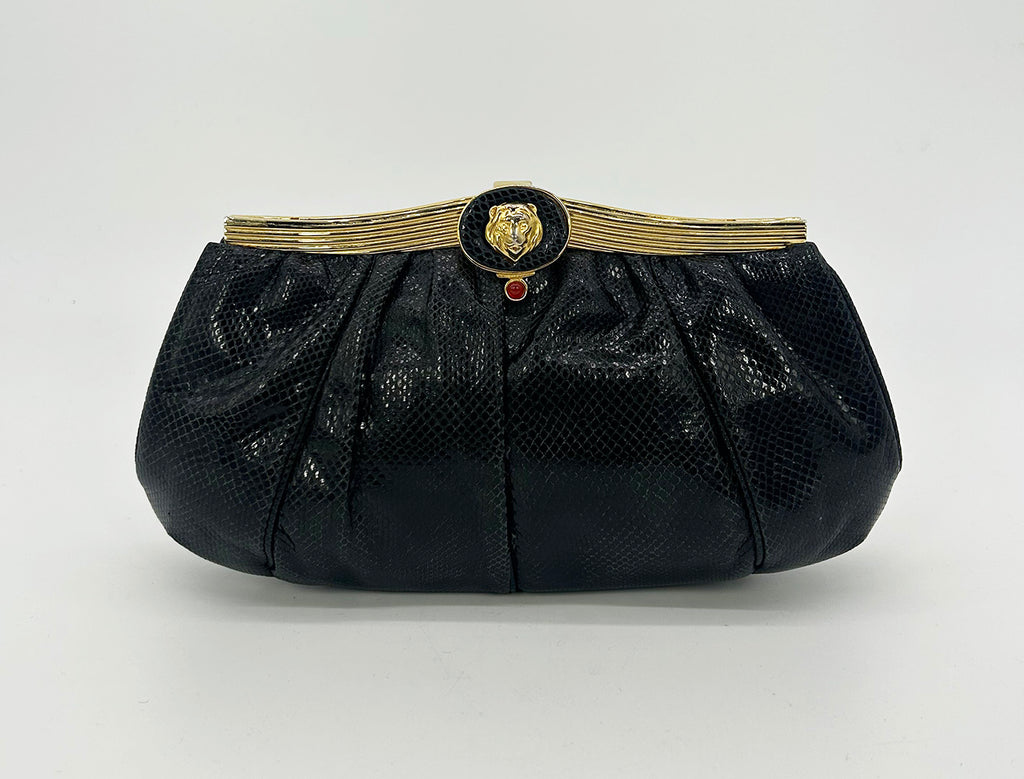 Judith Leiber, Bags, Womens Judith Leiber Black Purple Lizard Leather Bow  Clutch Handbag