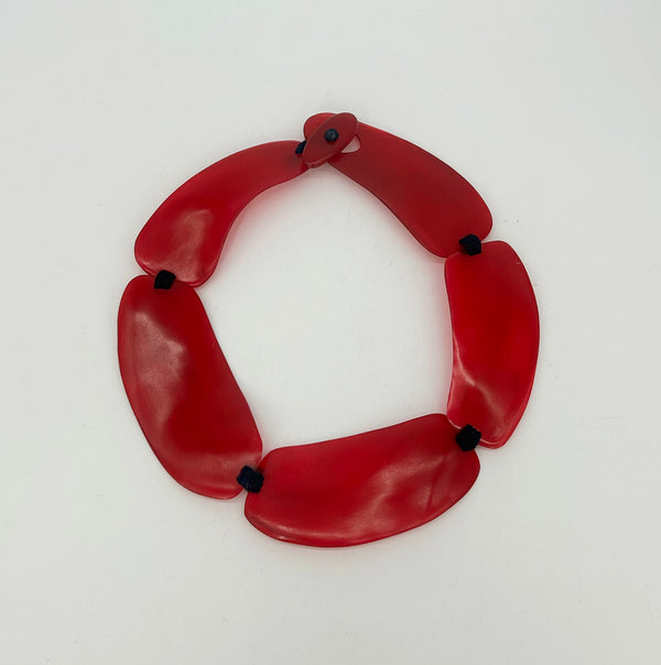 Monies Cherry Red Natural Resin Bead Black Leather Choker Necklace