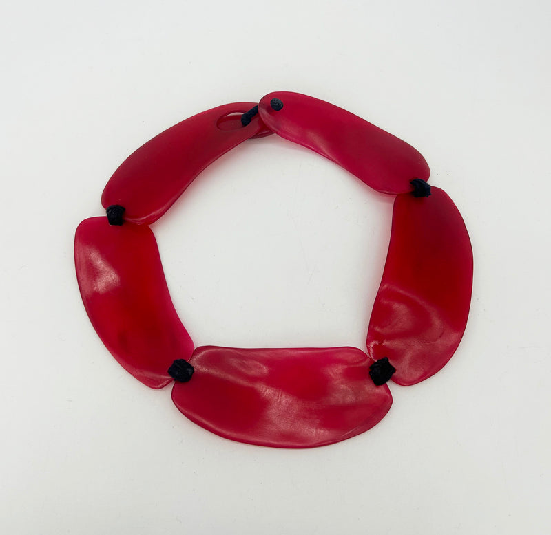 Monies Cherry Red Natural Resin Bead Black Leather Choker Necklace