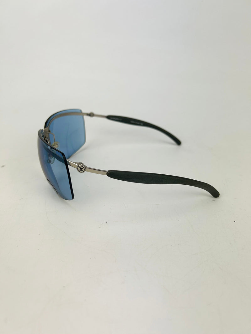 Chanel Vintage Blue Lens Matte Silver Sunglasses c2000s