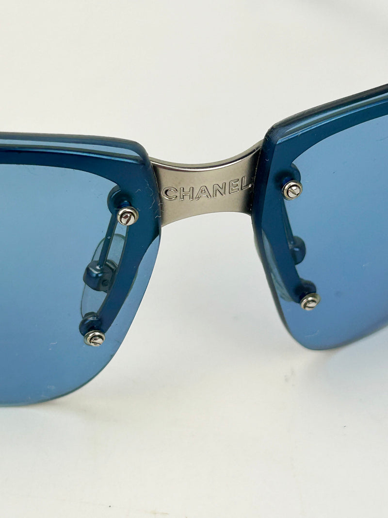Chanel Vintage Blue Lens Matte Silver Sunglasses c2000s
