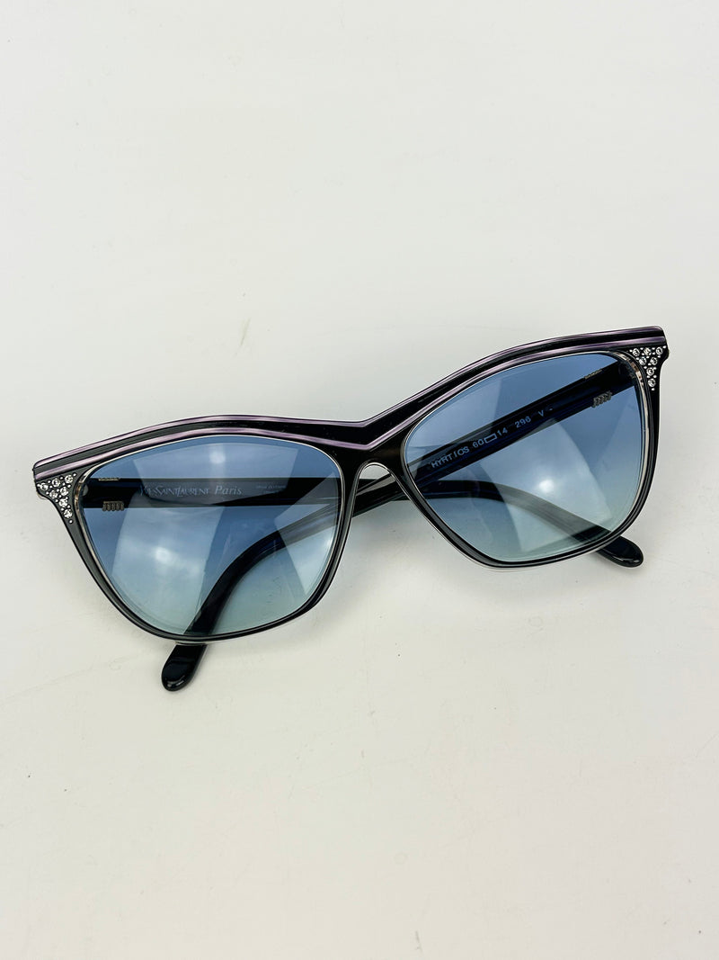 Yves Saint Laurent Vintage Black Rhinestone Cat Eye Sunglasses c1980s