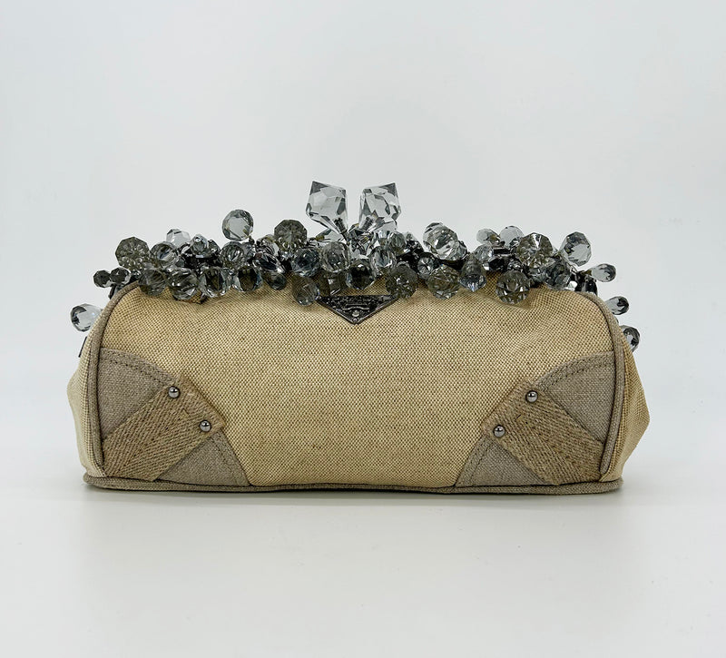 Prada Mistolino Natural Canvas Crystal Beaded Top Pochette