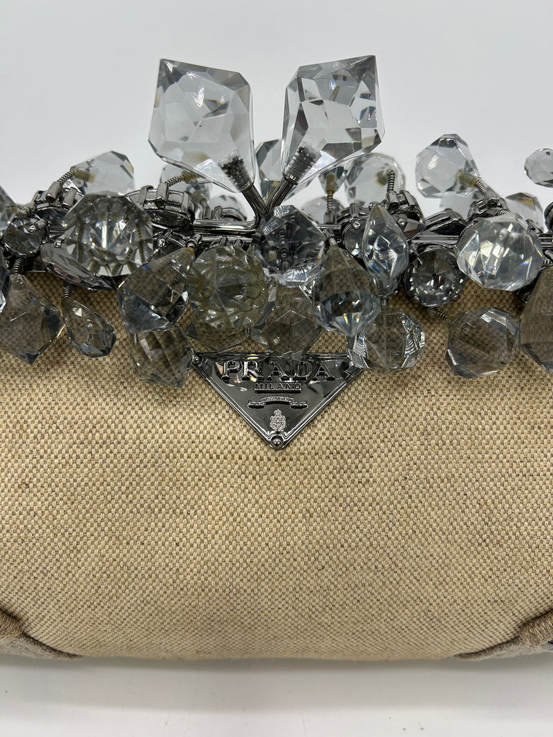 Prada Mistolino Natural Canvas Crystal Beaded Top Pochette