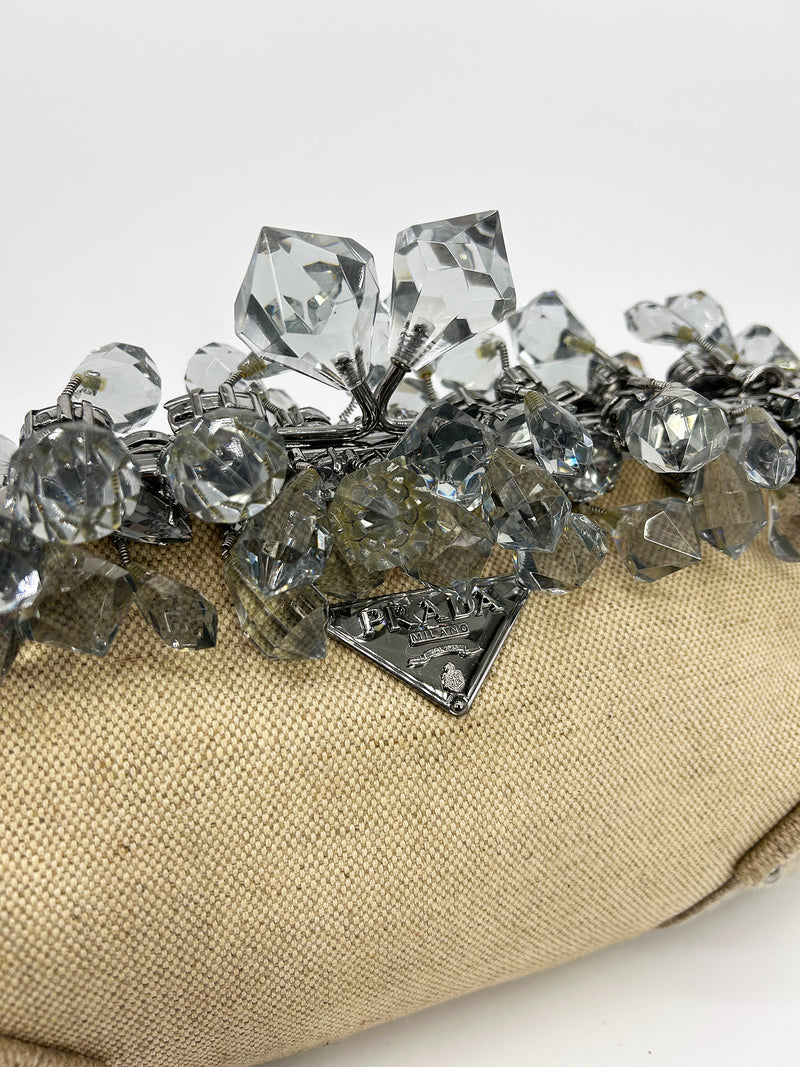 Prada Mistolino Natural Canvas Crystal Beaded Top Pochette