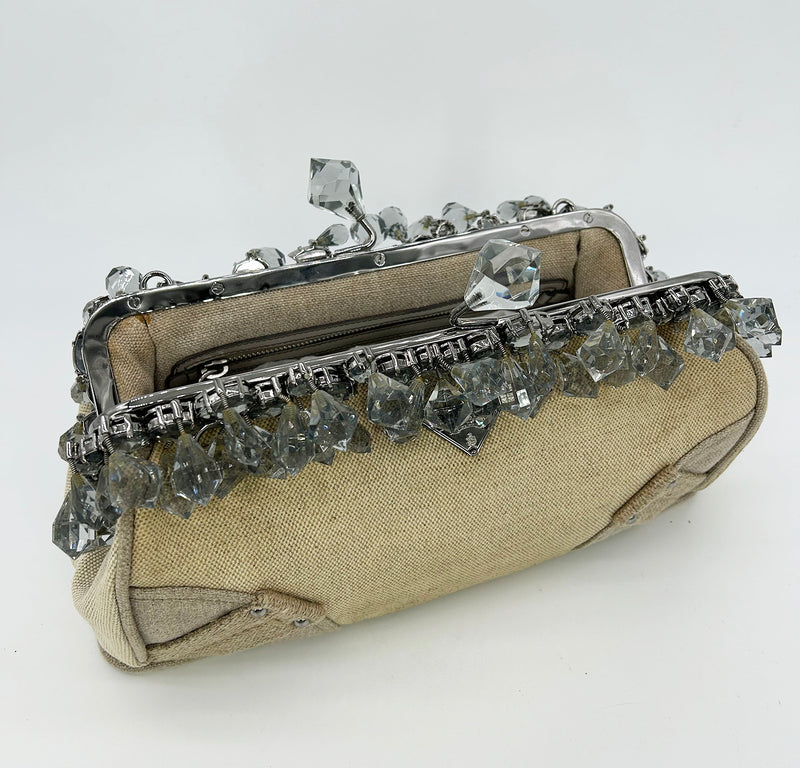 Prada Mistolino Natural Canvas Crystal Beaded Top Pochette