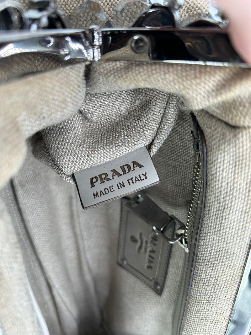 Prada Mistolino Natural Canvas Crystal Beaded Top Pochette