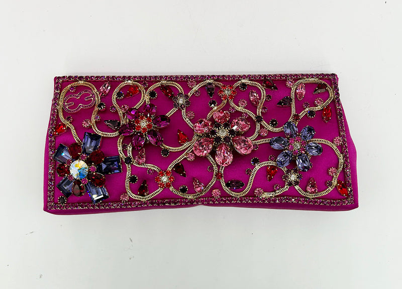 Escada Pink Silk Jeweled Rhinestone Pochette Clutch