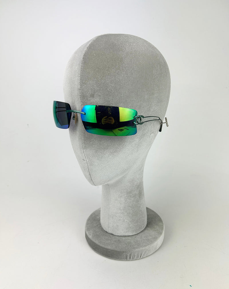 Chanel Vintage Green and Blue Floating Mirror Lens Wire Arm Sunglasses c2000s