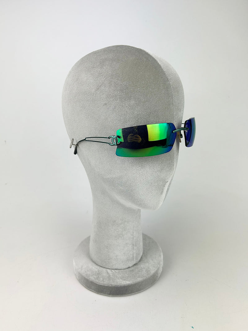Chanel Vintage Green and Blue Floating Mirror Lens Wire Arm Sunglasses c2000s