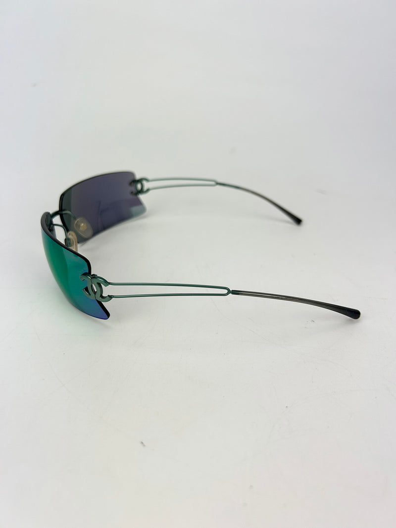 Chanel Vintage Green and Blue Floating Mirror Lens Wire Arm Sunglasses c2000s