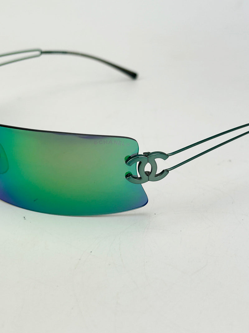 Chanel Vintage Green and Blue Floating Mirror Lens Wire Arm Sunglasses c2000s