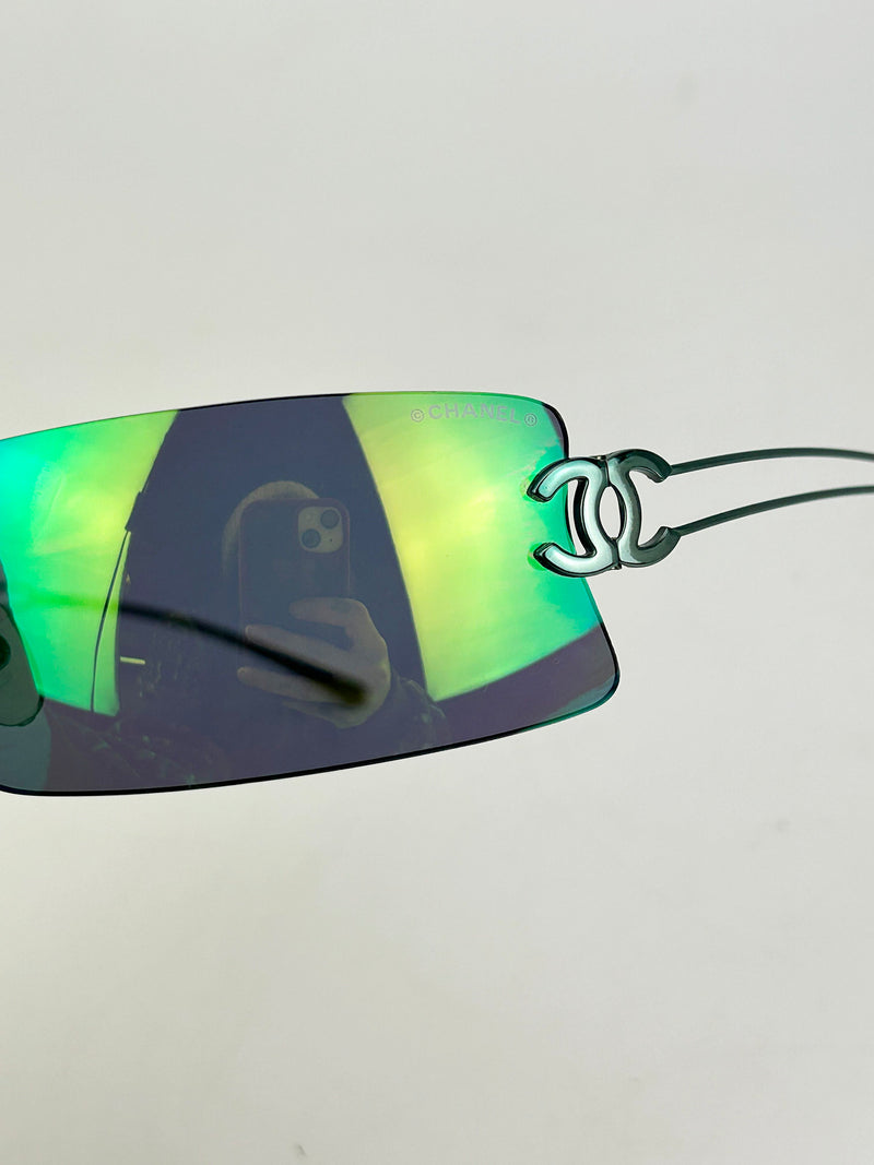 Chanel Vintage Green and Blue Floating Mirror Lens Wire Arm Sunglasses c2000s