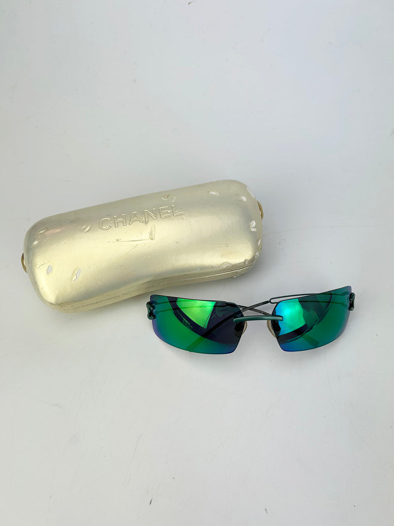 Chanel Vintage Green and Blue Floating Mirror Lens Wire Arm Sunglasses c2000s