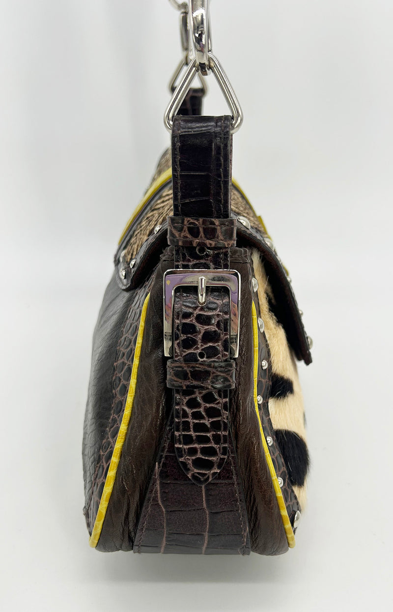 Vintage ETRO Pony Hair Crocodile Studded Leather Baguette Shoulder Bag