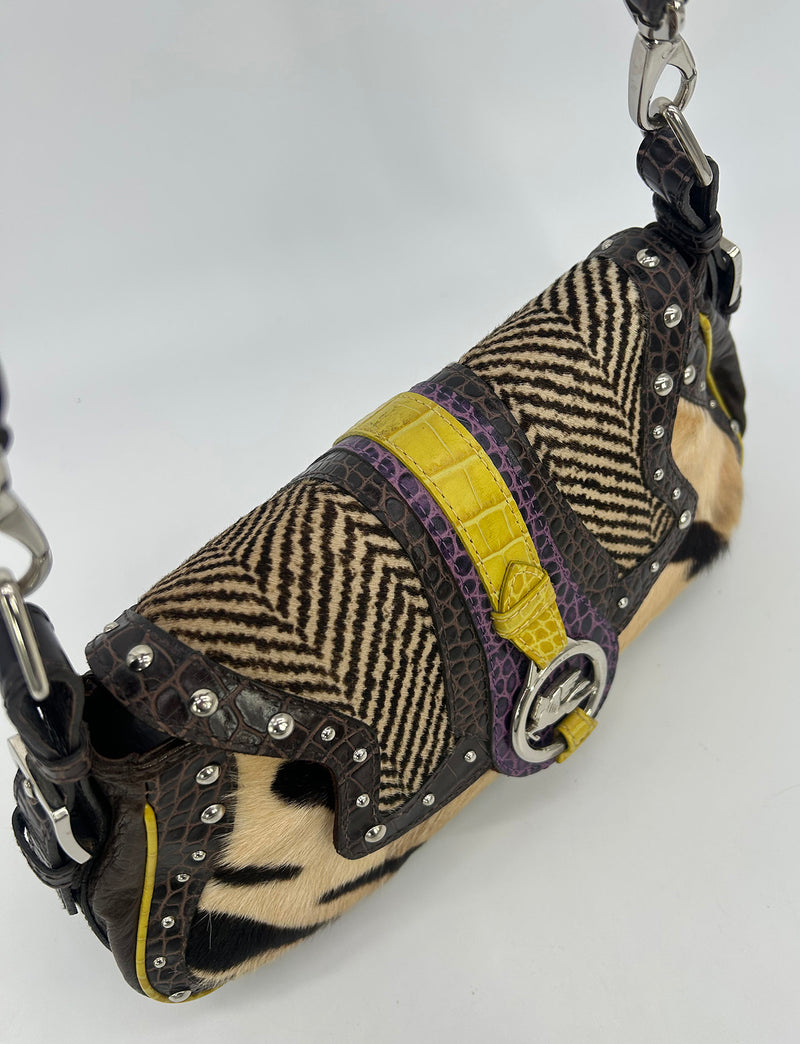 Vintage ETRO Pony Hair Crocodile Studded Leather Baguette Shoulder Bag