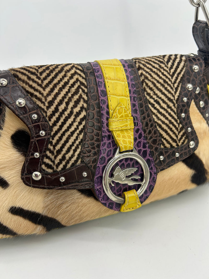 Vintage ETRO Pony Hair Crocodile Studded Leather Baguette Shoulder Bag