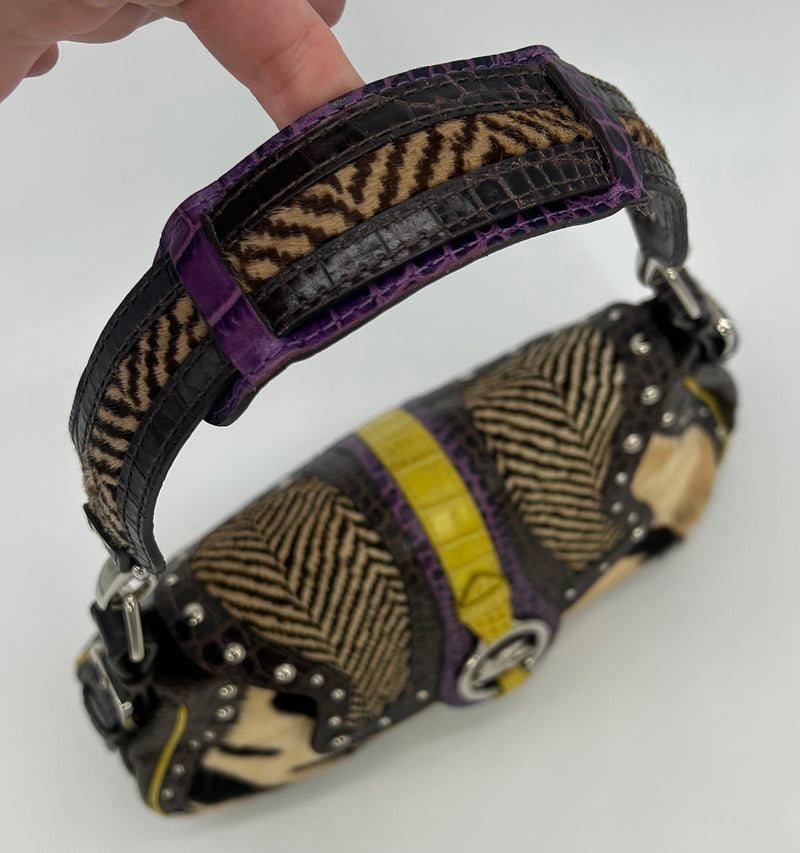 Vintage ETRO Pony Hair Crocodile Studded Leather Baguette Shoulder Bag