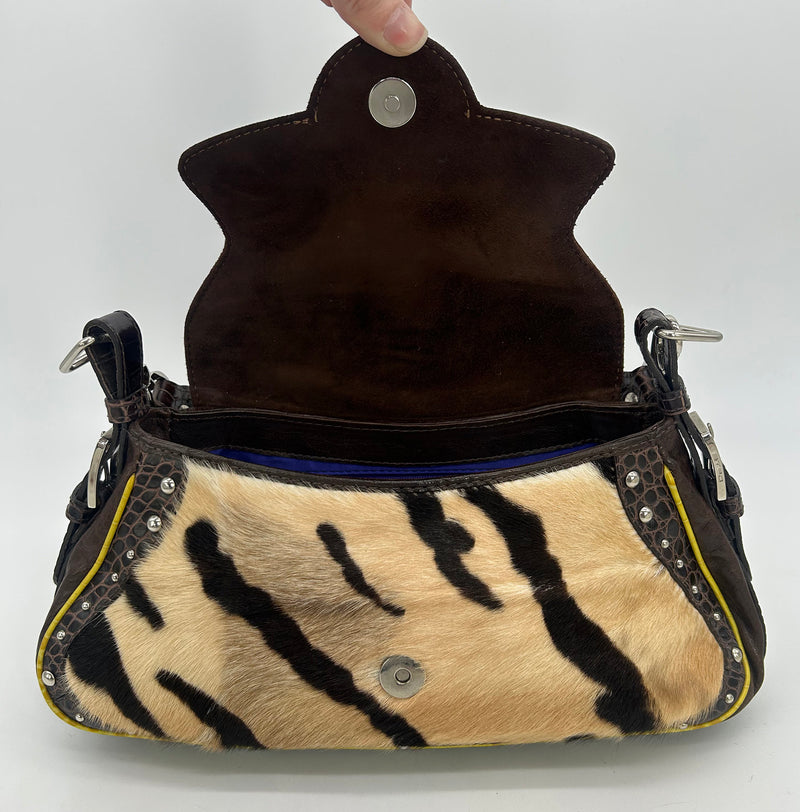 Vintage ETRO Pony Hair Crocodile Studded Leather Baguette Shoulder Bag