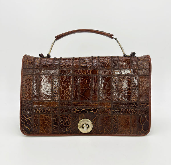 Vintage Niki Brown Patchwork Alligator Quilted Top Handle Bag c1970s
