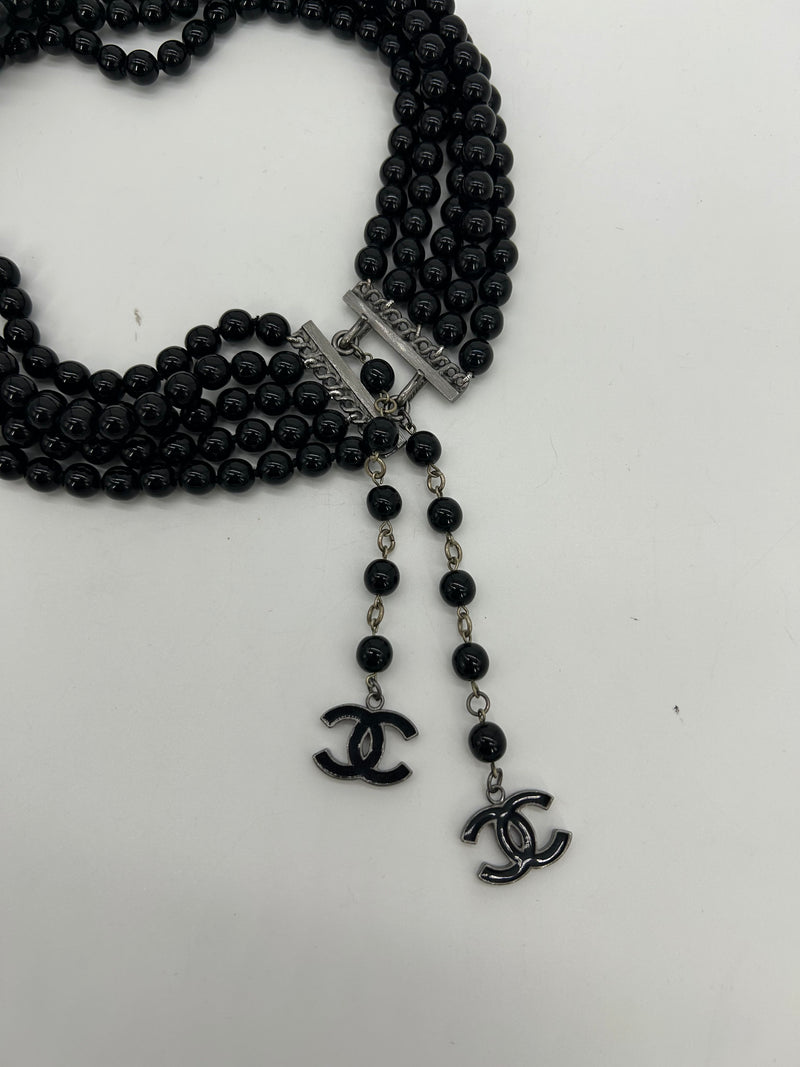 Chanel Black Beaded Multi Strand Emblem Necklace