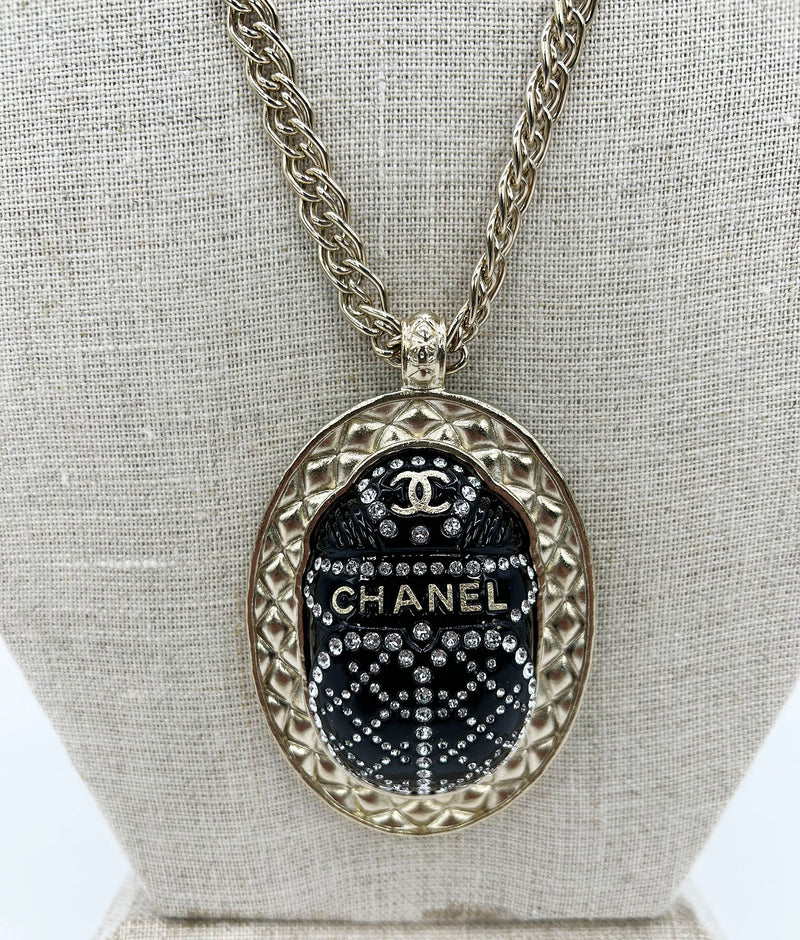 Chanel Black Rhinestone Egyptian Scarab Necklace