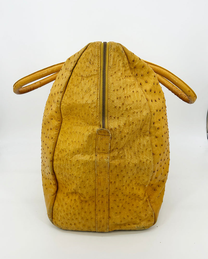 Vintage Gold Pfeil Mustard Tan Ostrich Leather Duffel Travel Bag Tote c1980s