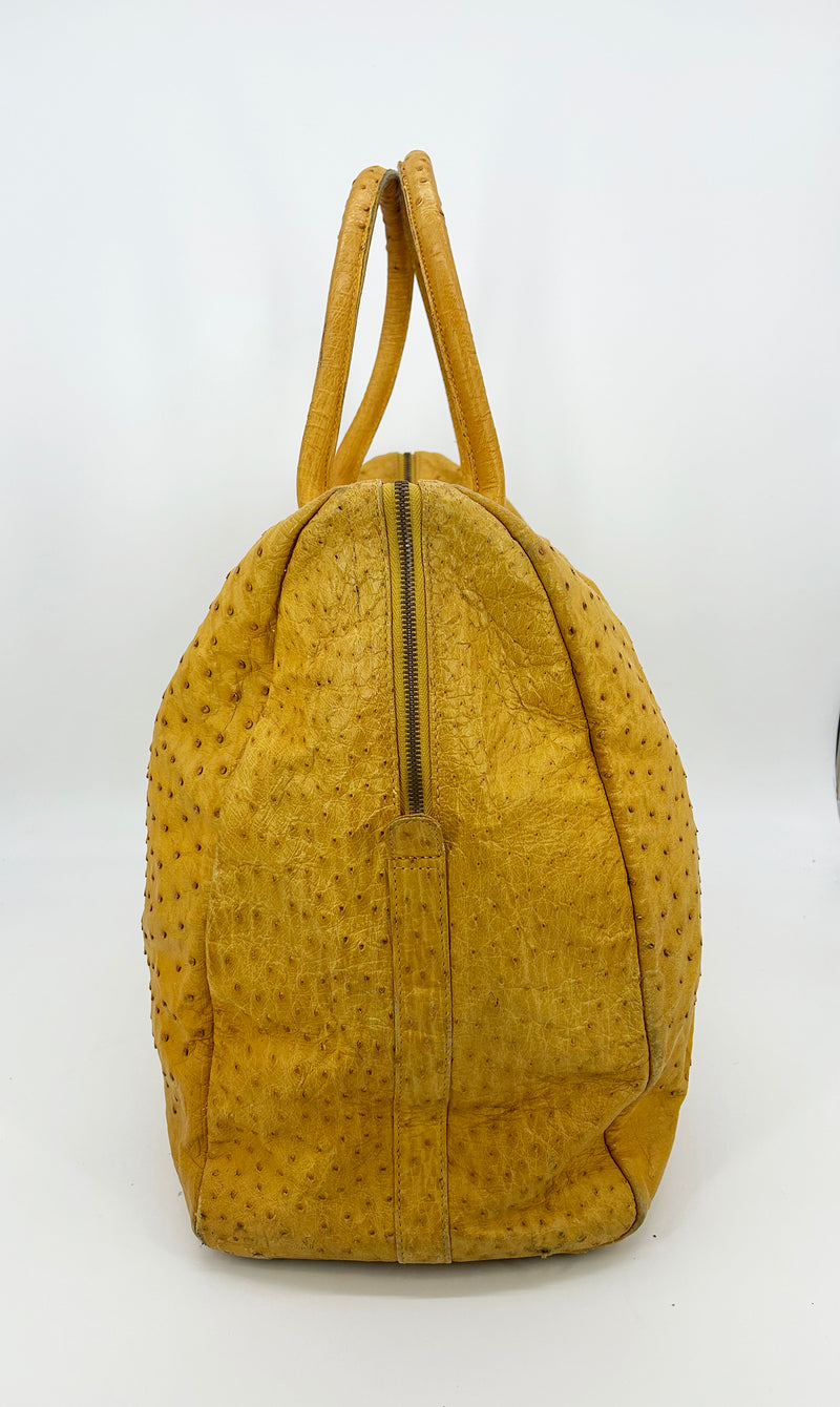 Vintage Gold Pfeil Mustard Tan Ostrich Leather Duffel Travel Bag Tote c1980s