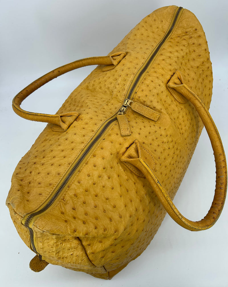 Vintage Gold Pfeil Mustard Tan Ostrich Leather Duffel Travel Bag Tote c1980s