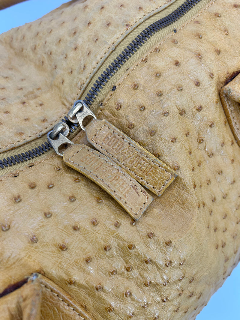 Vintage Gold Pfeil Mustard Tan Ostrich Leather Duffel Travel Bag Tote c1980s