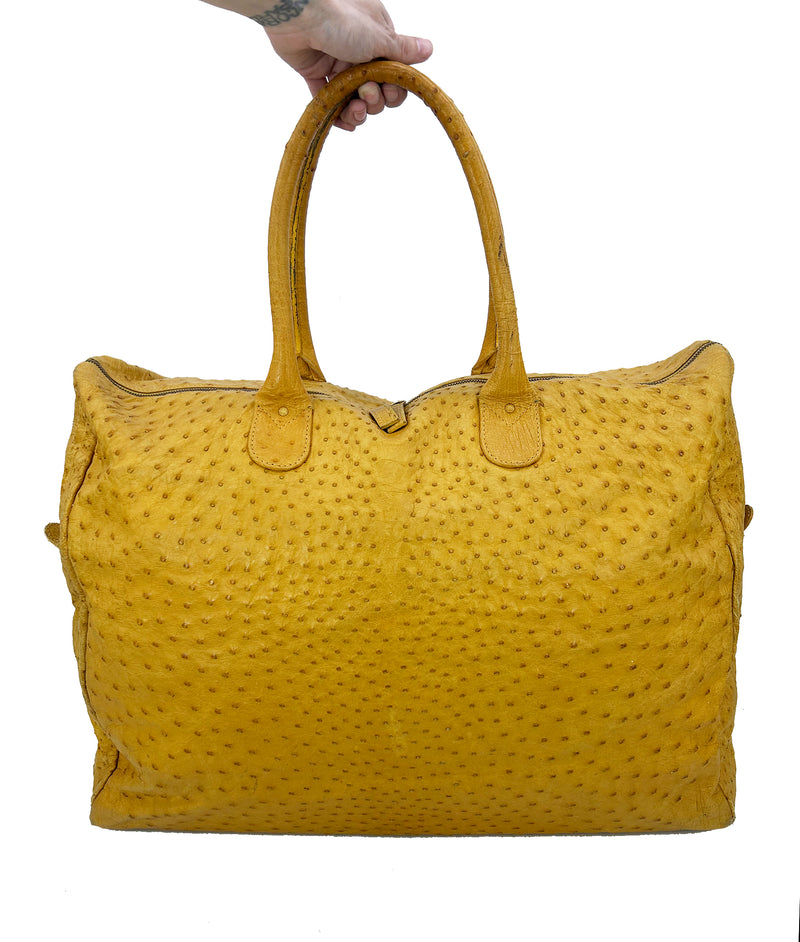 Vintage Gold Pfeil Mustard Tan Ostrich Leather Duffel Travel Bag Tote c1980s