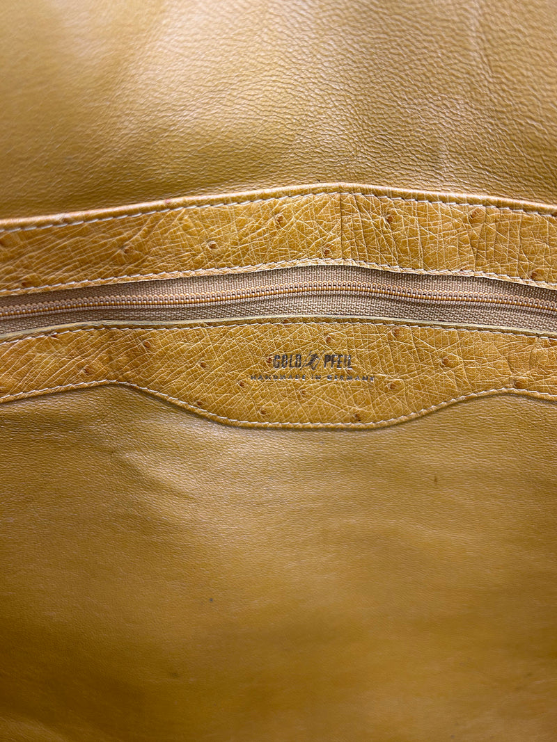 Vintage Gold Pfeil Mustard Tan Ostrich Leather Duffel Travel Bag Tote c1980s