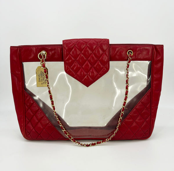 Chanel Vintage Red Leather Clear PVC Shoulder Bag Tote c1990s