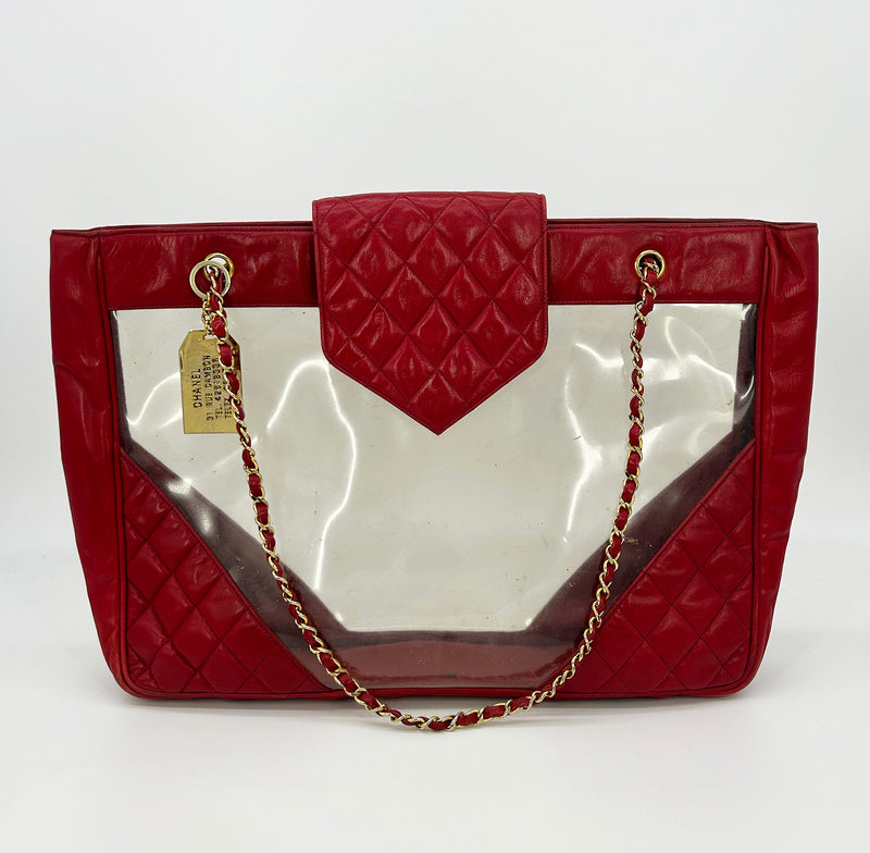Chanel Vintage Red Leather Clear PVC Shoulder Bag Tote c1990s