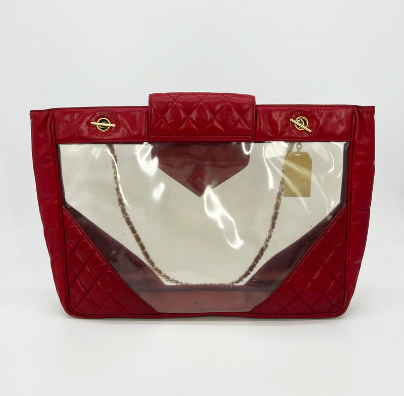 Chanel Vintage Red Leather Clear PVC Shoulder Bag Tote c1990s
