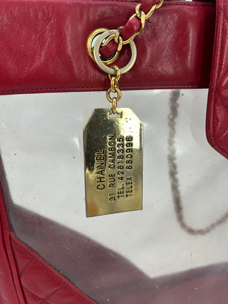 Chanel Vintage Red Leather Clear PVC Shoulder Bag Tote c1990s