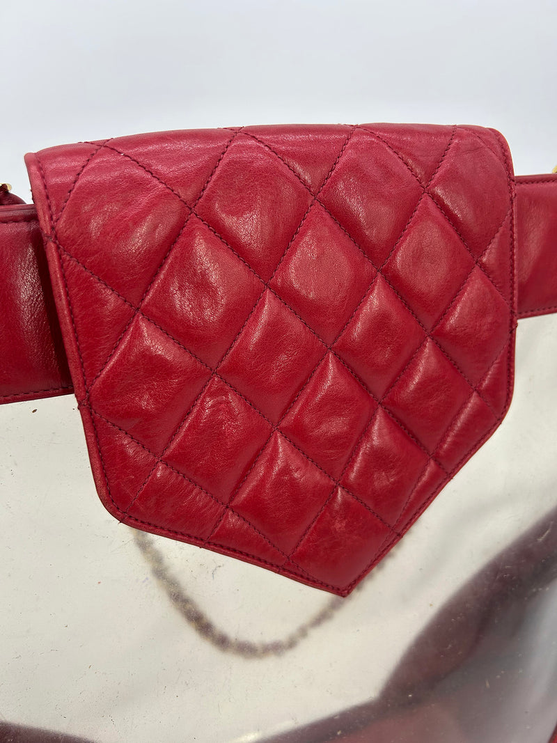 Chanel Vintage Red Leather Clear PVC Shoulder Bag Tote c1990s