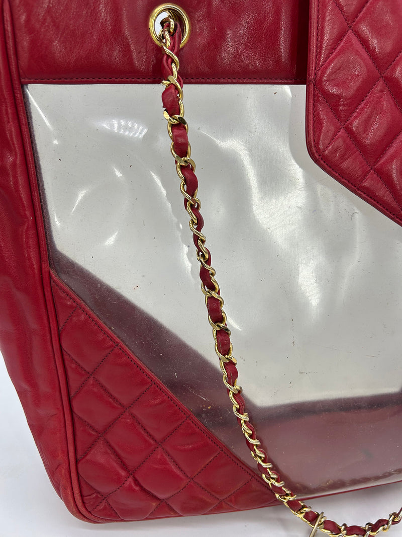 Chanel Vintage Red Leather Clear PVC Shoulder Bag Tote c1990s