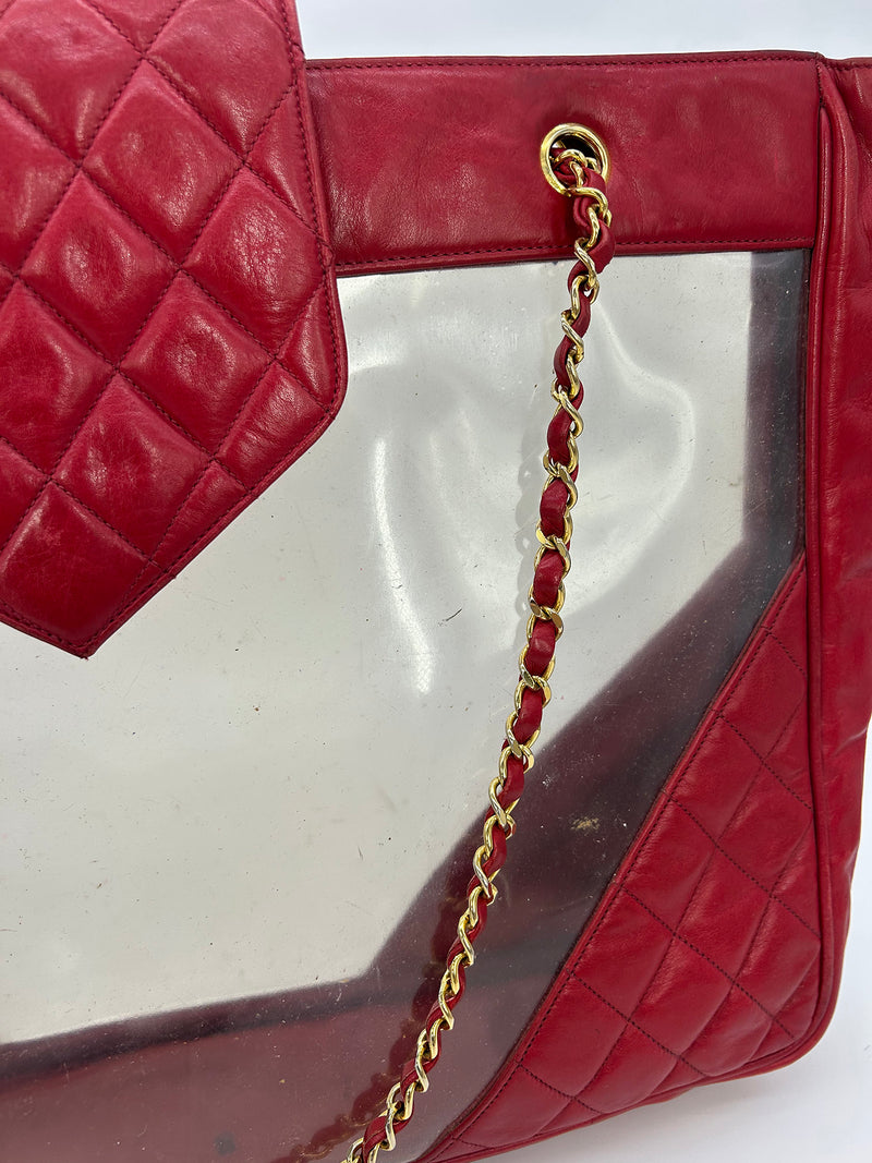 Chanel Vintage Red Leather Clear PVC Shoulder Bag Tote c1990s