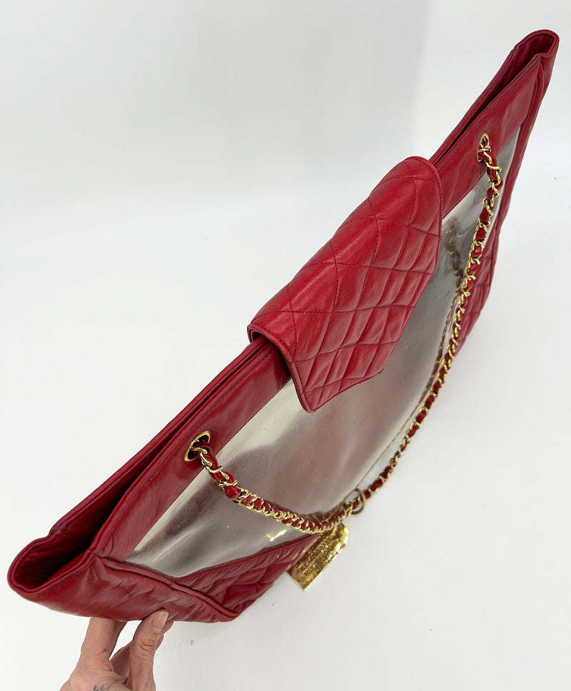 Chanel Vintage Red Leather Clear PVC Shoulder Bag Tote c1990s