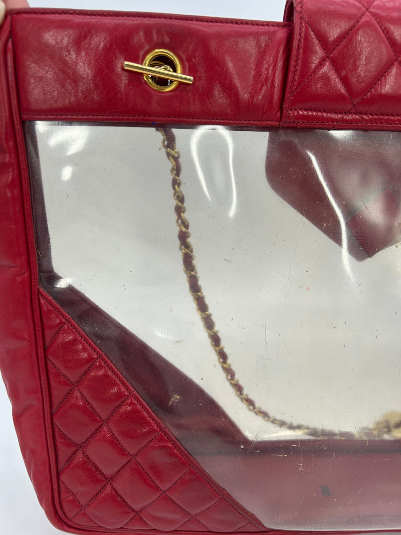 Chanel Vintage Red Leather Clear PVC Shoulder Bag Tote c1990s