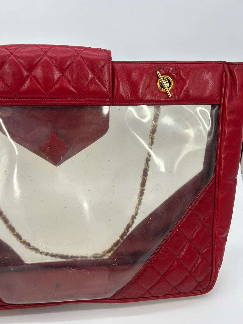 Chanel Vintage Red Leather Clear PVC Shoulder Bag Tote c1990s