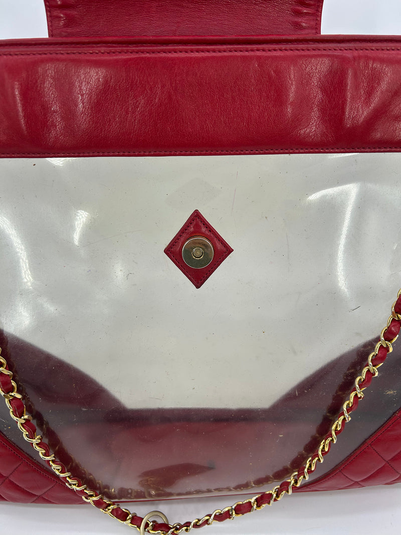 Chanel Vintage Red Leather Clear PVC Shoulder Bag Tote c1990s