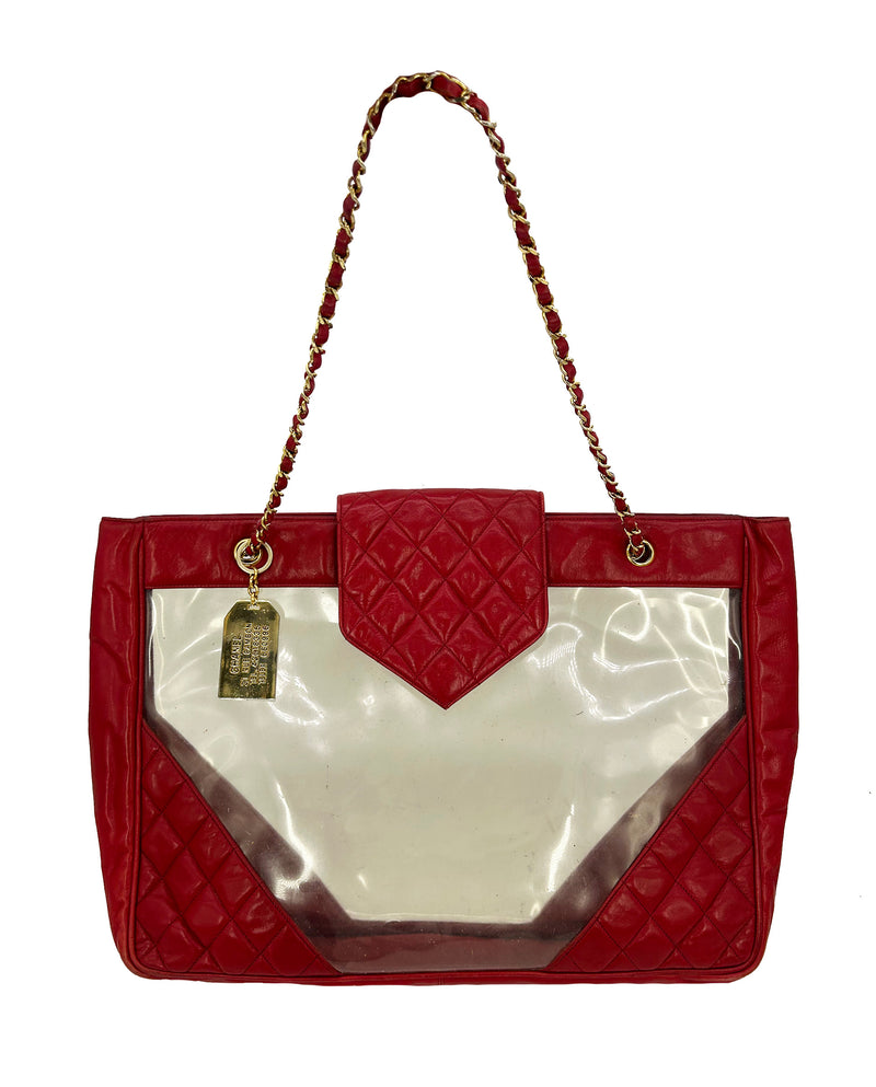 Chanel Vintage Red Leather Clear PVC Shoulder Bag Tote c1990s