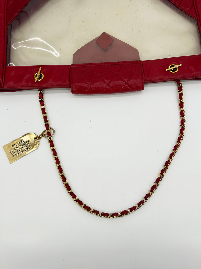 Chanel Vintage Red Leather Clear PVC Shoulder Bag Tote c1990s