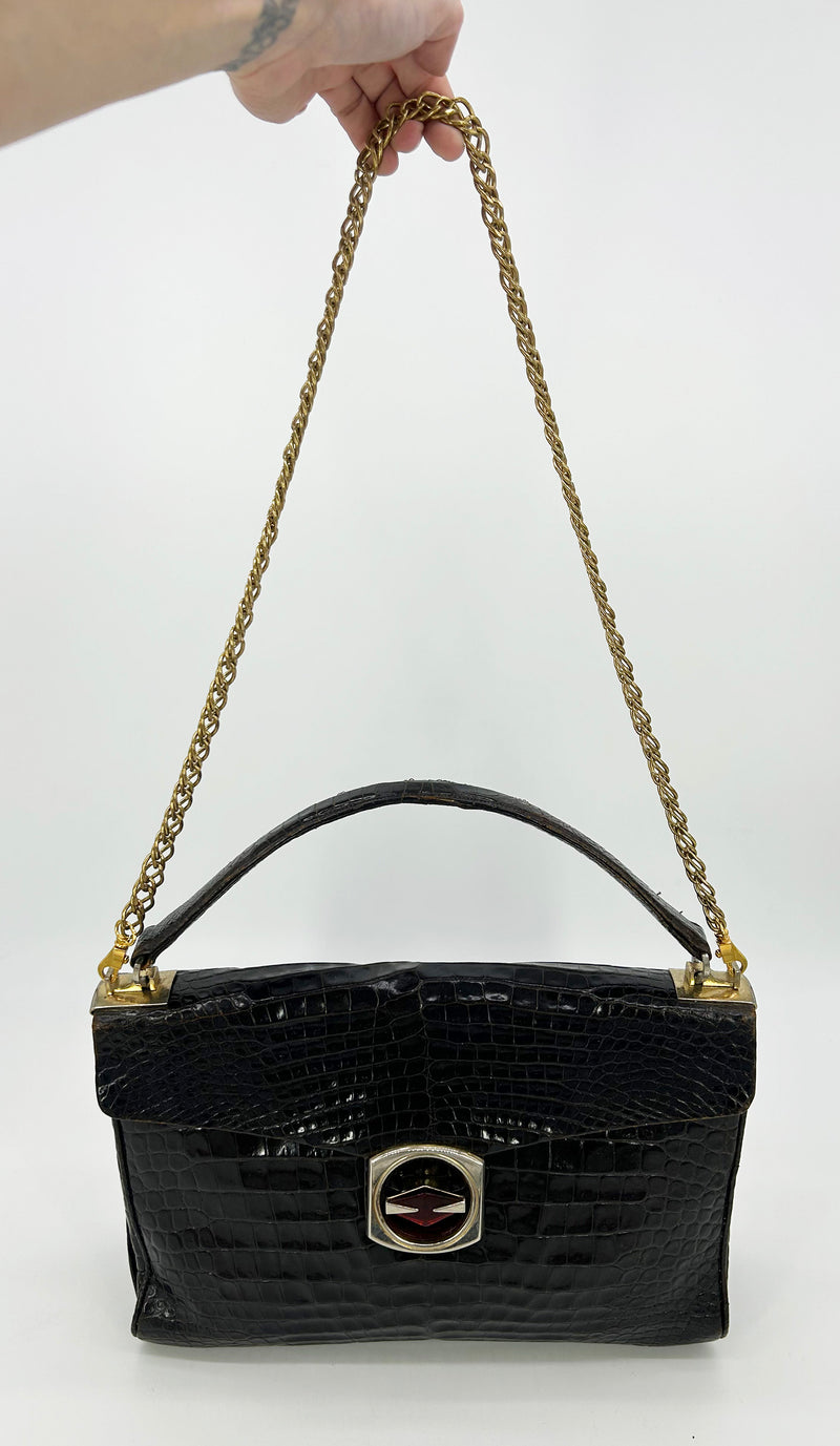 Vintage 1970s Brown Alligator Portfolio Top Handle Tote