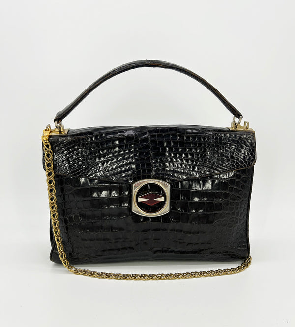 Vintage 1970s Brown Alligator Portfolio Top Handle Tote