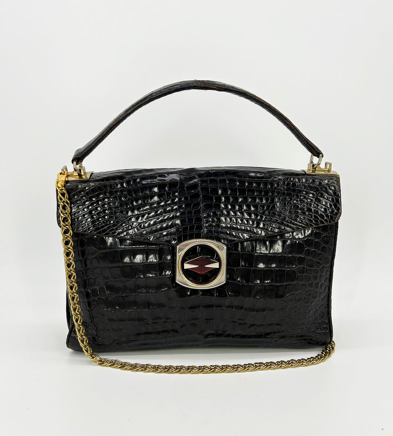 Vintage 1970s Brown Alligator Portfolio Top Handle Tote