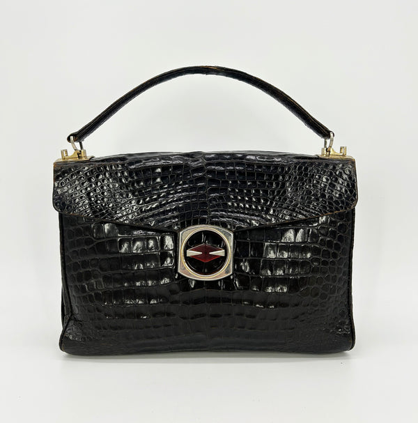 Vintage 1970s Brown Alligator Portfolio Top Handle Tote
